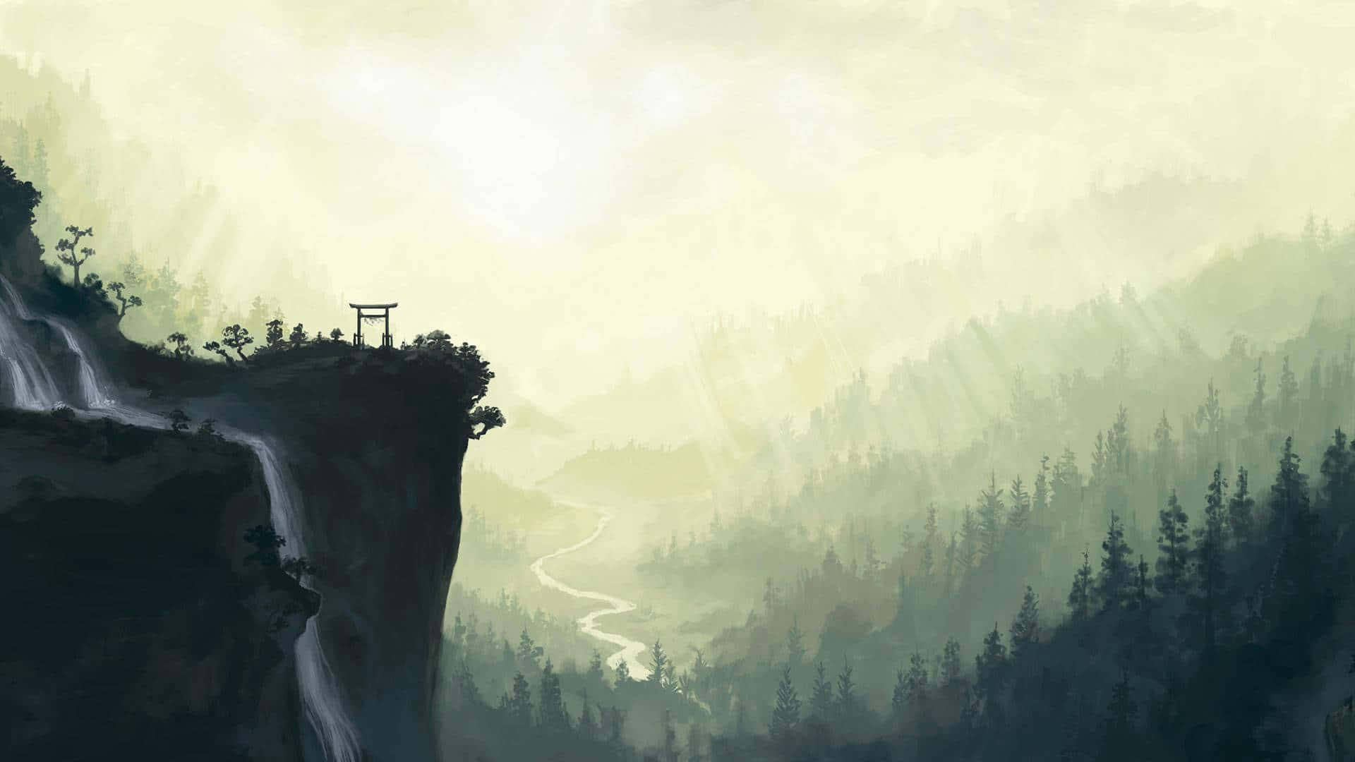 桌面 桌布 壁紙 — 寧靜的霧氣山谷，一座孤獨的鳥居矗立在懸崖上，俯瞰蜿蜒的河流。