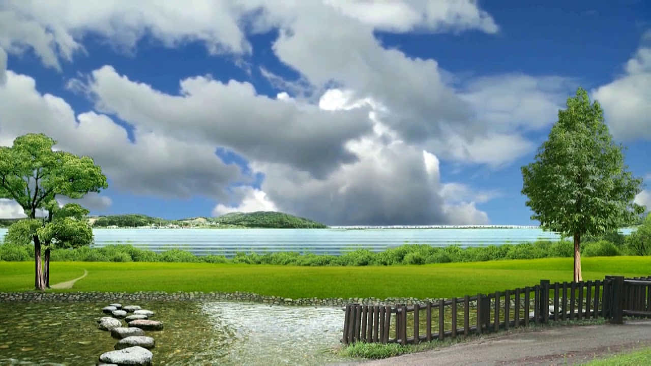 720p Nature 桌布 壁紙 — 寧靜的風景，一條石徑穿過淺溪，通往廣闊的綠色田野和遠處的湖泊，天空佈滿戲劇性的雲層。