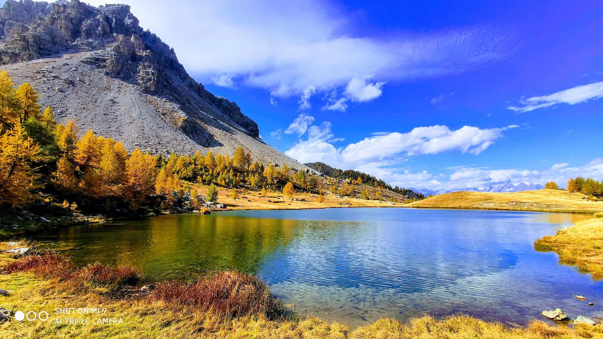 風景 桌布 壁紙 — 寧靜的高山湖泊倒映著湛藍的天空和緊貼在崎嶇山坡上的金色秋樹。