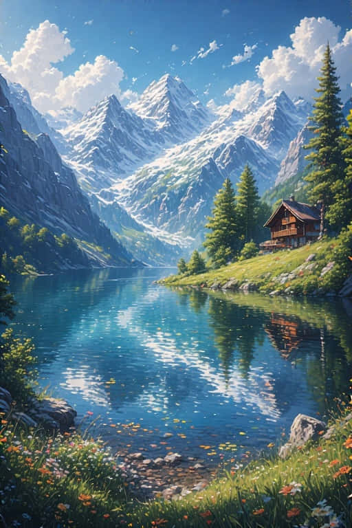 Swiss Alps Lake and Chalet  Peaceful Switzerland 4K 壁紙 — 寧靜的高山湖泊倒映著白雪覆蓋的山峰和松樹間的木屋，在明亮的藍天下。