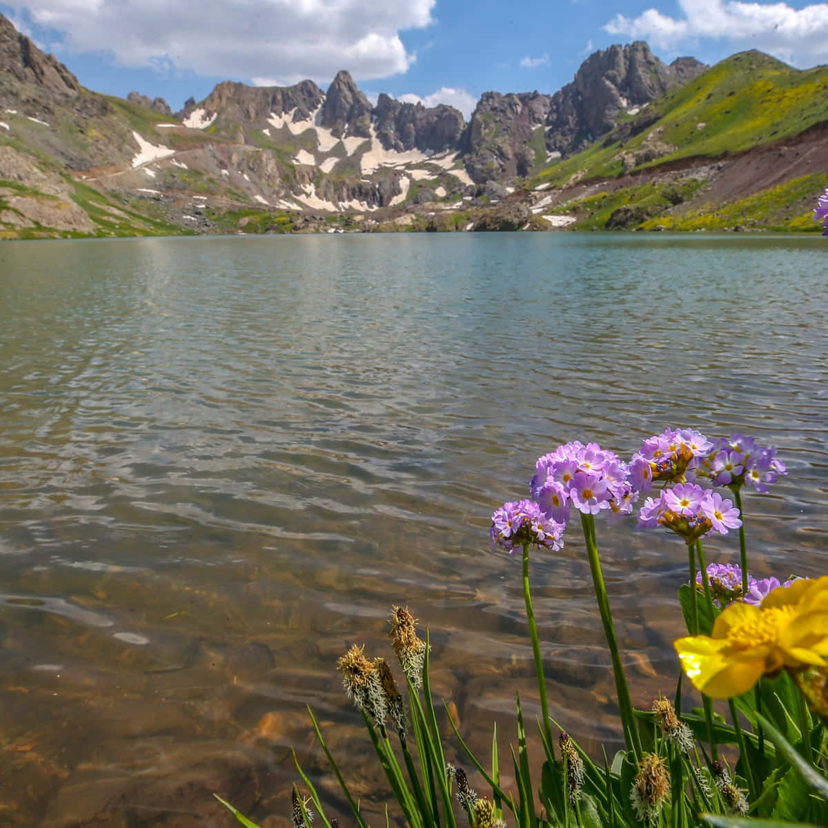 Lake 桌布 壁紙 — 寧靜的高山湖泊倒映著鋸齒狀、覆蓋著白雪的山峰，天空湛藍，白雲朵朵。