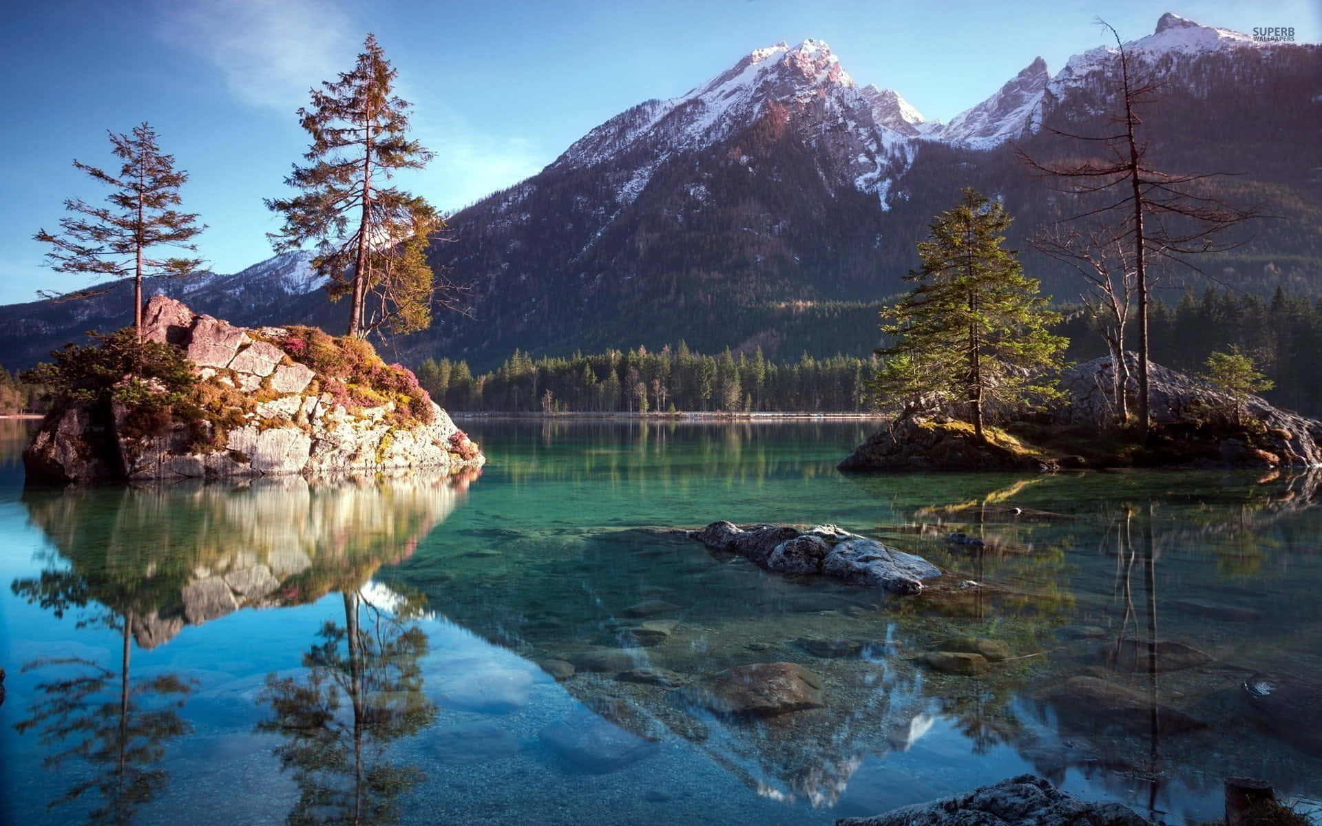Lake 桌布 壁紙 — 寧靜的高山湖泊映照著白雪覆蓋的山峰和松樹，在清澈的藍天下。