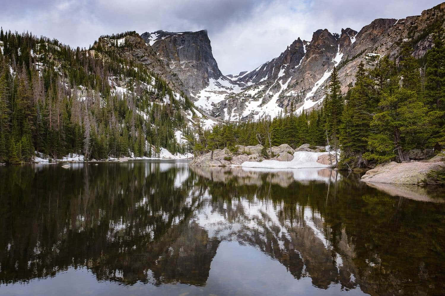 Colorado Mountain 桌布 壁紙 — 寧靜的高山湖泊映照著白雪覆蓋的山峰和常綠森林，天空多雲。