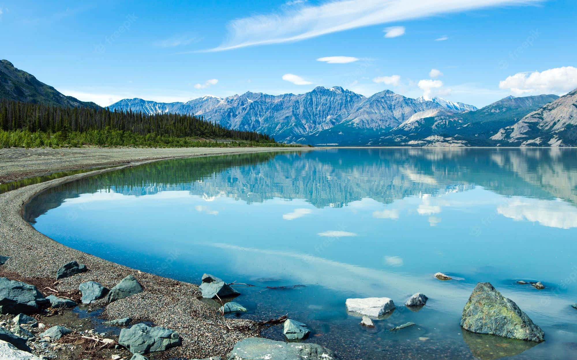 Lake 桌布 壁紙 — 寧靜的高山湖泊映照著積雪的山峰，天空湛藍，白雲點綴。