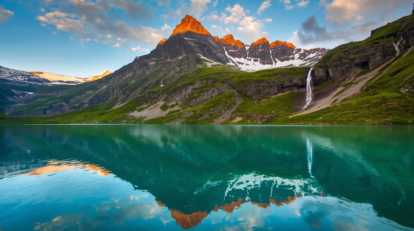 Majestic Pyramid Peak Reflection on Crystal Lake Wallpaper 壁紙 — 寧靜的高山湖泊映照著積雪的山峰，在部分多雲的天空下閃耀著金色的日落光芒。