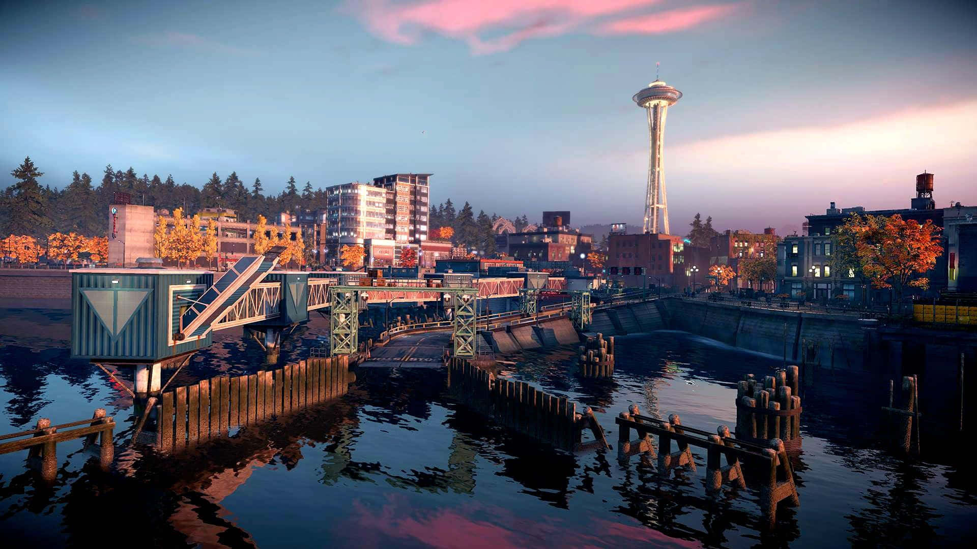 Seattle Washington 桌布 壁紙 — 寧靜的黃昏城市景觀，Space Needle 和秋樹倒映在平靜的水面上。