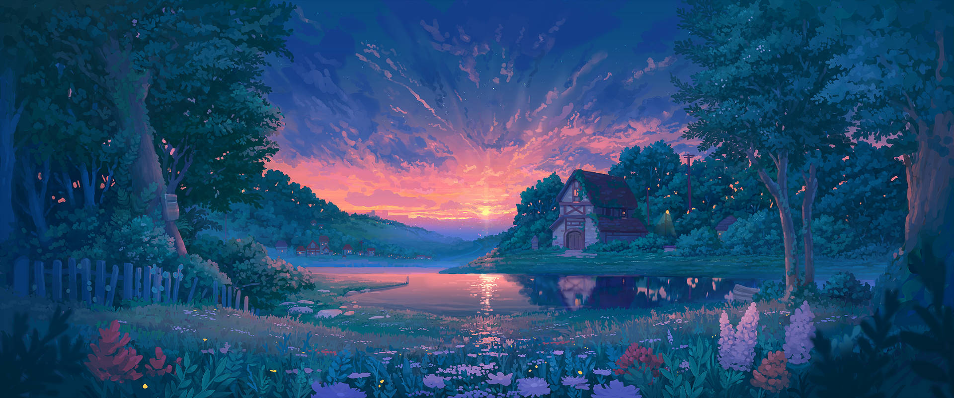 Digital 桌布 壁紙 — 寧靜的黃昏場景，一座舒適的小屋坐落在平靜的湖邊，周圍環繞著茂密的樹木和發光的花朵，在充滿活力的紫色和橙色天空下。