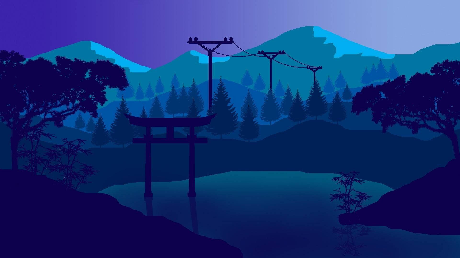 桌布 壁紙 — 寧靜的黃昏場景，傳統日本鳥居矗立在平靜的水面上，以剪影樹木和遠山為框，在深藍色的天空下。