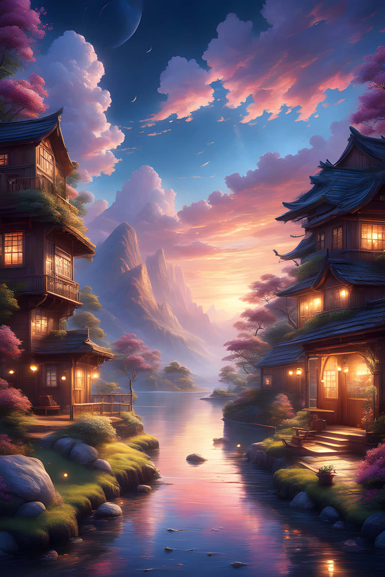 Pagoda on a Mountain Surrounded by Cherry Blossoms and a Serene Lake 壁紙 — 寧靜的黃昏場景，傳統木屋在平靜的河邊溫暖地發光，河水倒映著新月下的粉紅色和紫色雲彩。