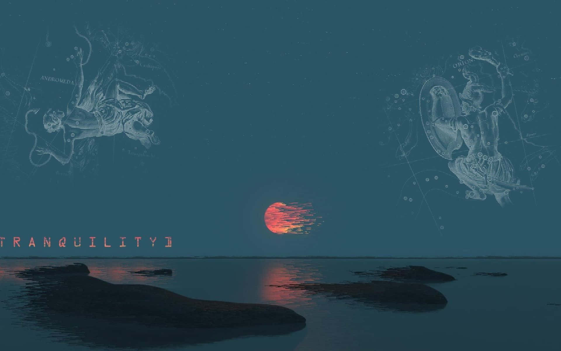 Calm Aesthetic Desktop 桌布 壁紙 — 寧靜的黃昏場景，平靜的水面倒映著熾熱的夕陽，並以天體星座插圖框住。