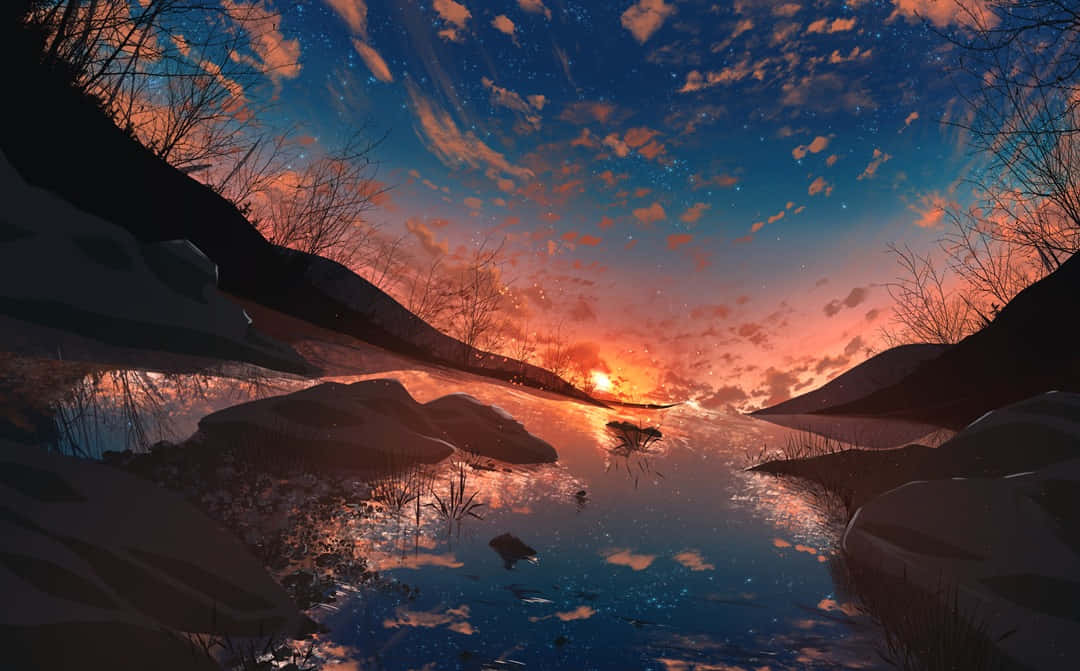 Anime Sunset 桌布 壁紙 — 寧靜的黃昏場景，星空倒映在平靜的湖面上，周圍是光禿的樹木和岩石海岸。
