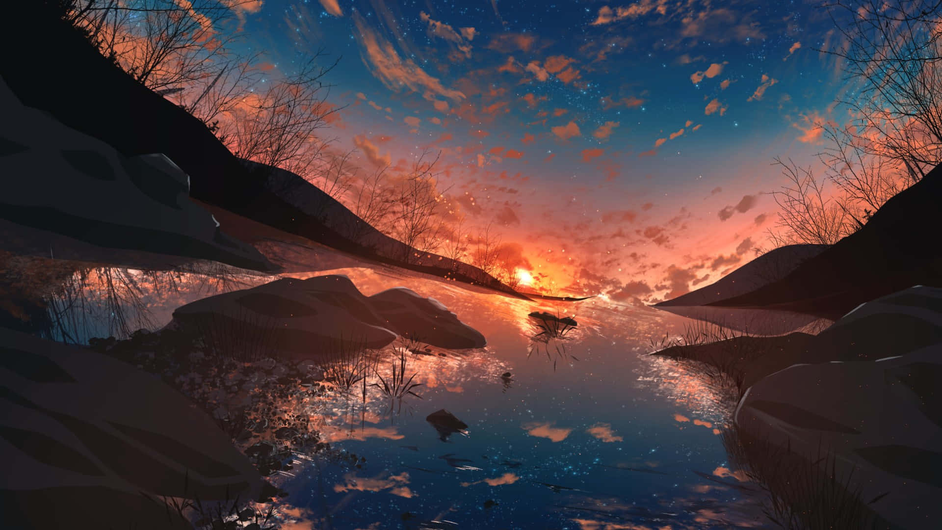 桌布 壁紙 — 寧靜的黃昏場景，發光的夕陽倒映在平靜的河流中，周圍是光禿禿的樹木和黑暗的山丘。