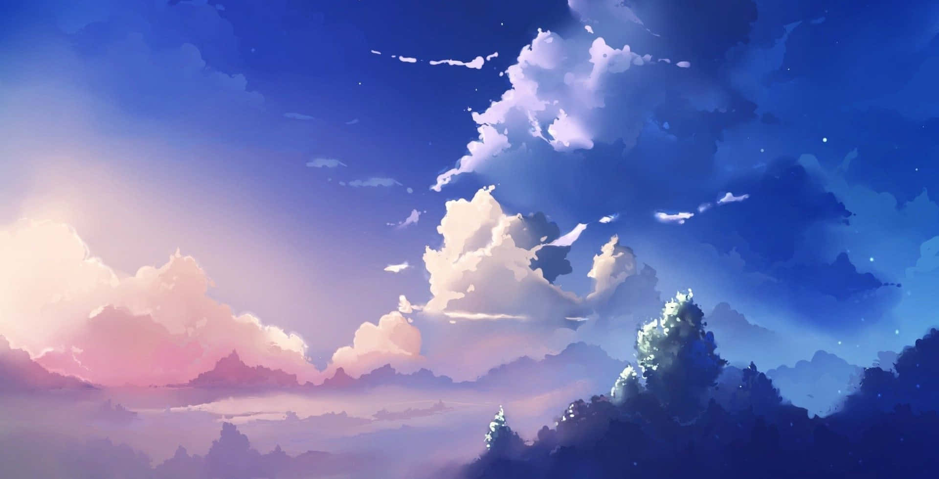 Beautiful Sky 桌布 壁紙 — 寧靜的黃昏天空，柔和的粉紅色和藍色雲彩在霧濛濛的山脈和發光的樹木上閃耀。