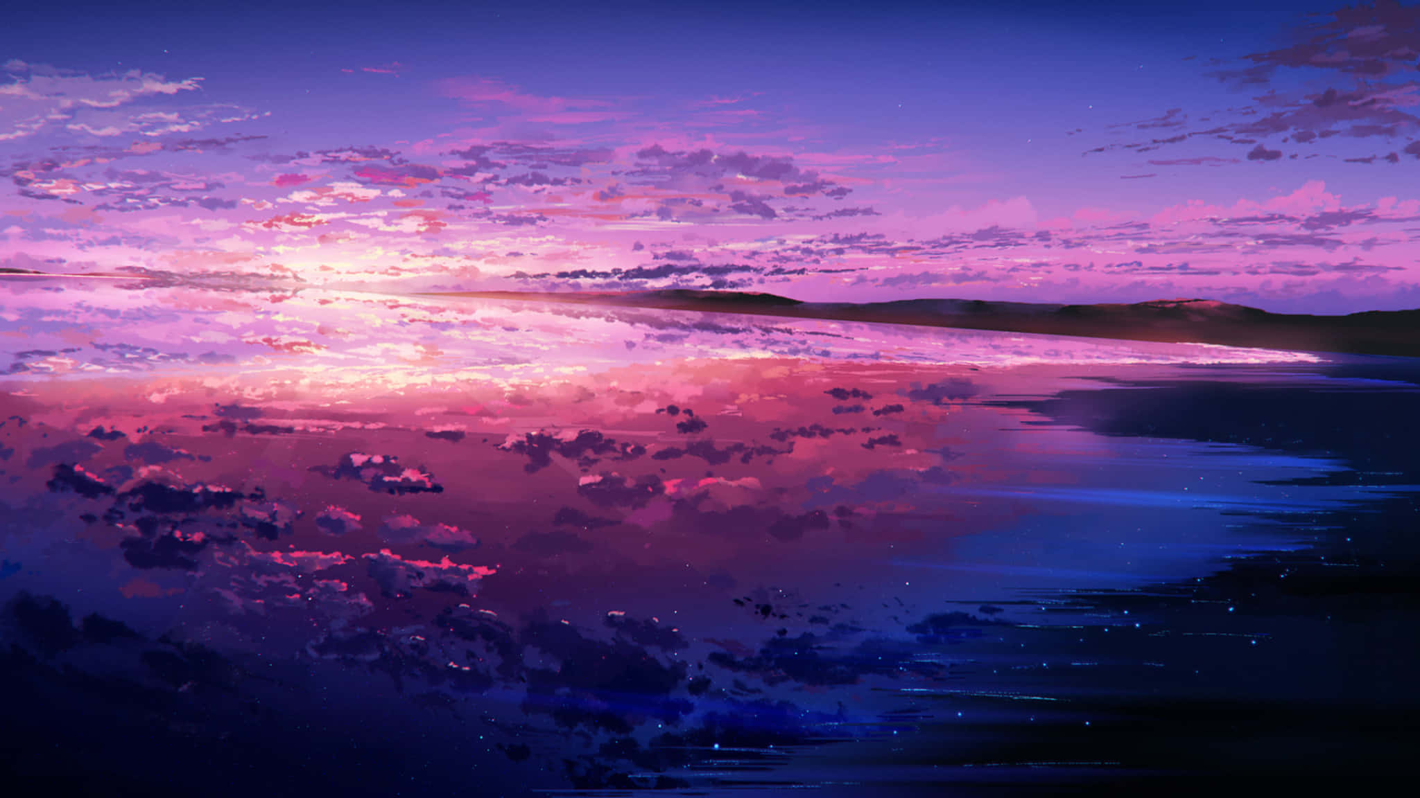 2048x1152 桌布 壁紙 — 寧靜的黃昏天空，粉紅色和紫色的雲彩完美地倒映在平靜的湖面上，星空地平線下。
