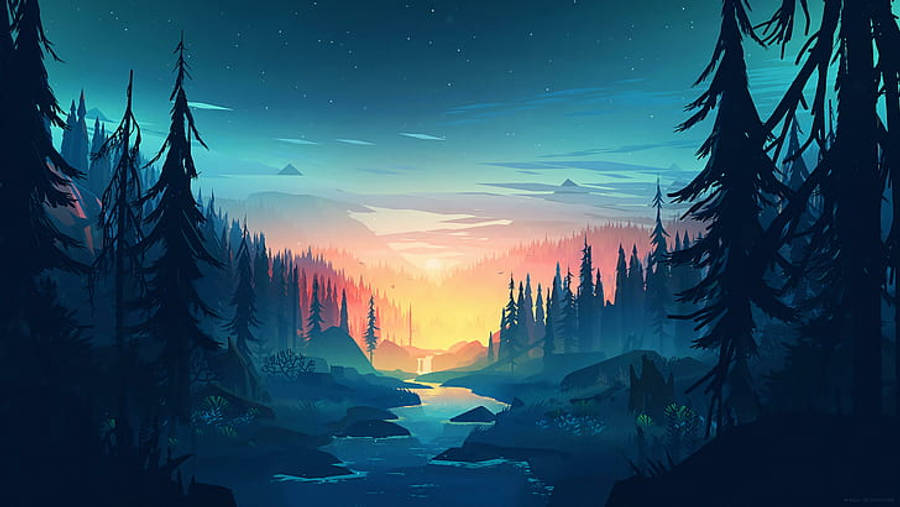 2440x1440 桌布 壁紙 — 寧靜的黃昏森林場景，一條發光的河流蜿蜒穿過松樹，上方是星空。