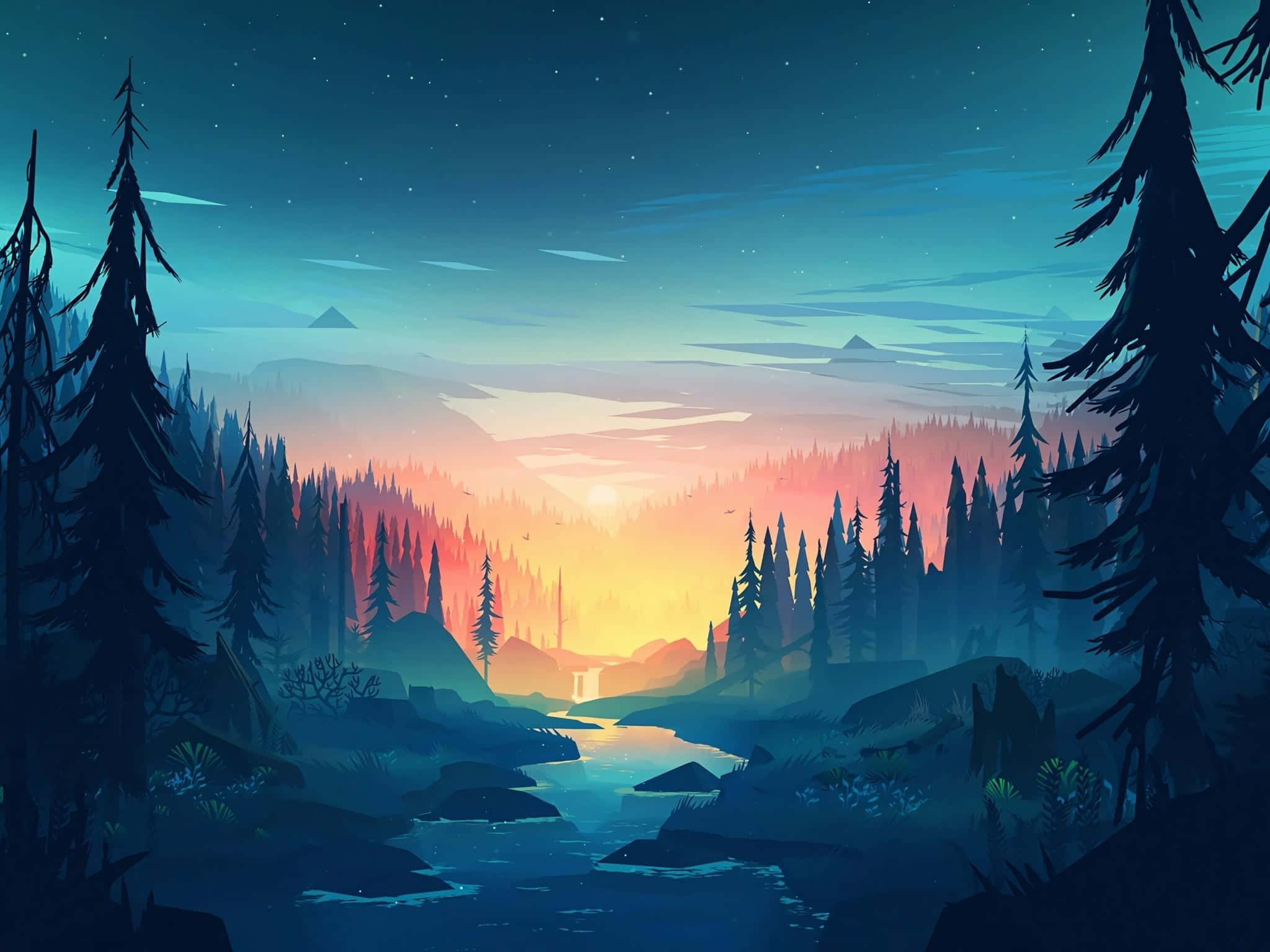 Minimalist Sunset 桌布 壁紙 — 寧靜的黃昏森林場景，一條發光的河流蜿蜒穿過松樹，星空下。