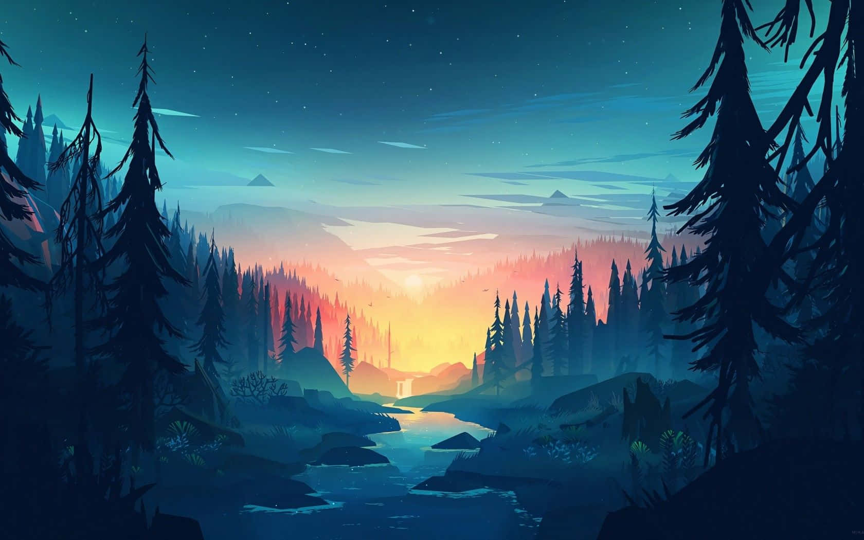 桌布 壁紙 — 寧靜的黃昏森林景色，一條發光的河流在星空下蜿蜒穿過松樹。