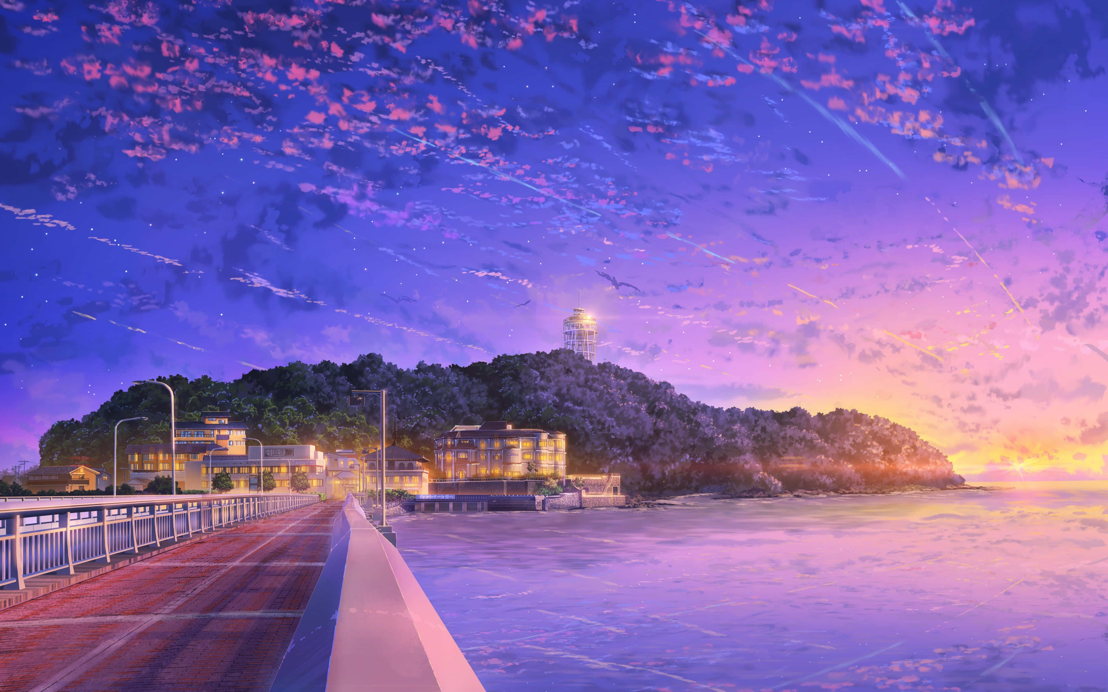 Colorful Sky 桌布 壁紙 — 寧靜的黃昏海岸景色，一座發光的橋樑通往山丘上的小鎮，上方是繁星點點的紫色天空。