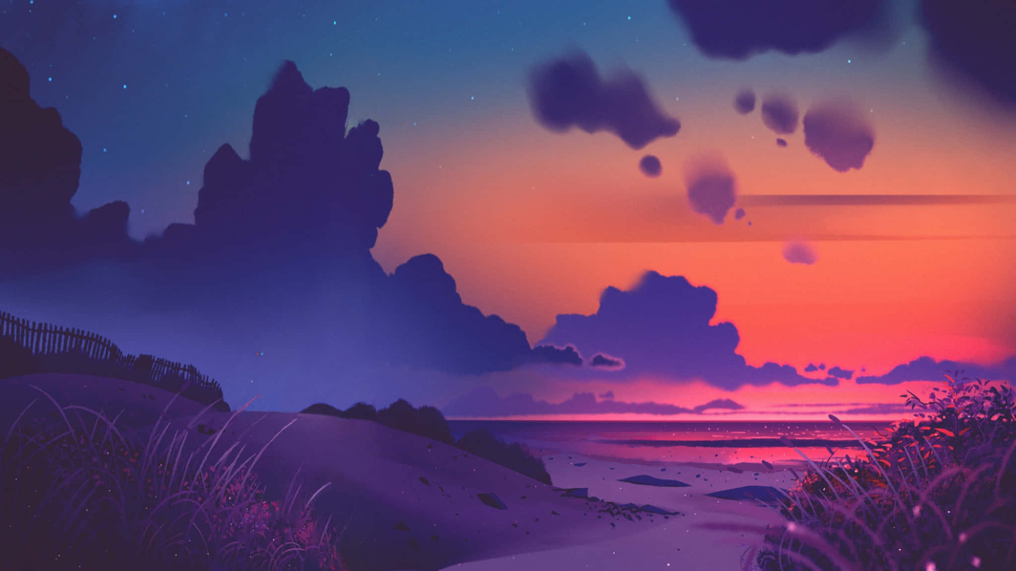 海灘 桌布 壁紙 — 寧靜的黃昏海岸景色，紫色和橙色的天空，剪影般的懸崖，以及沿著海岸線閃爍的草叢。