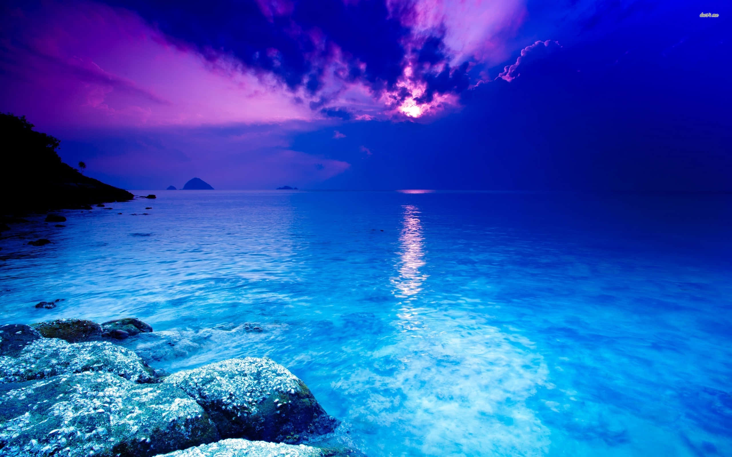 Pretty Ocean 桌布 壁紙 — 寧靜的黃昏海景，鮮豔的紫色雲彩倒映在岩石海岸附近平靜的碧綠海水上。