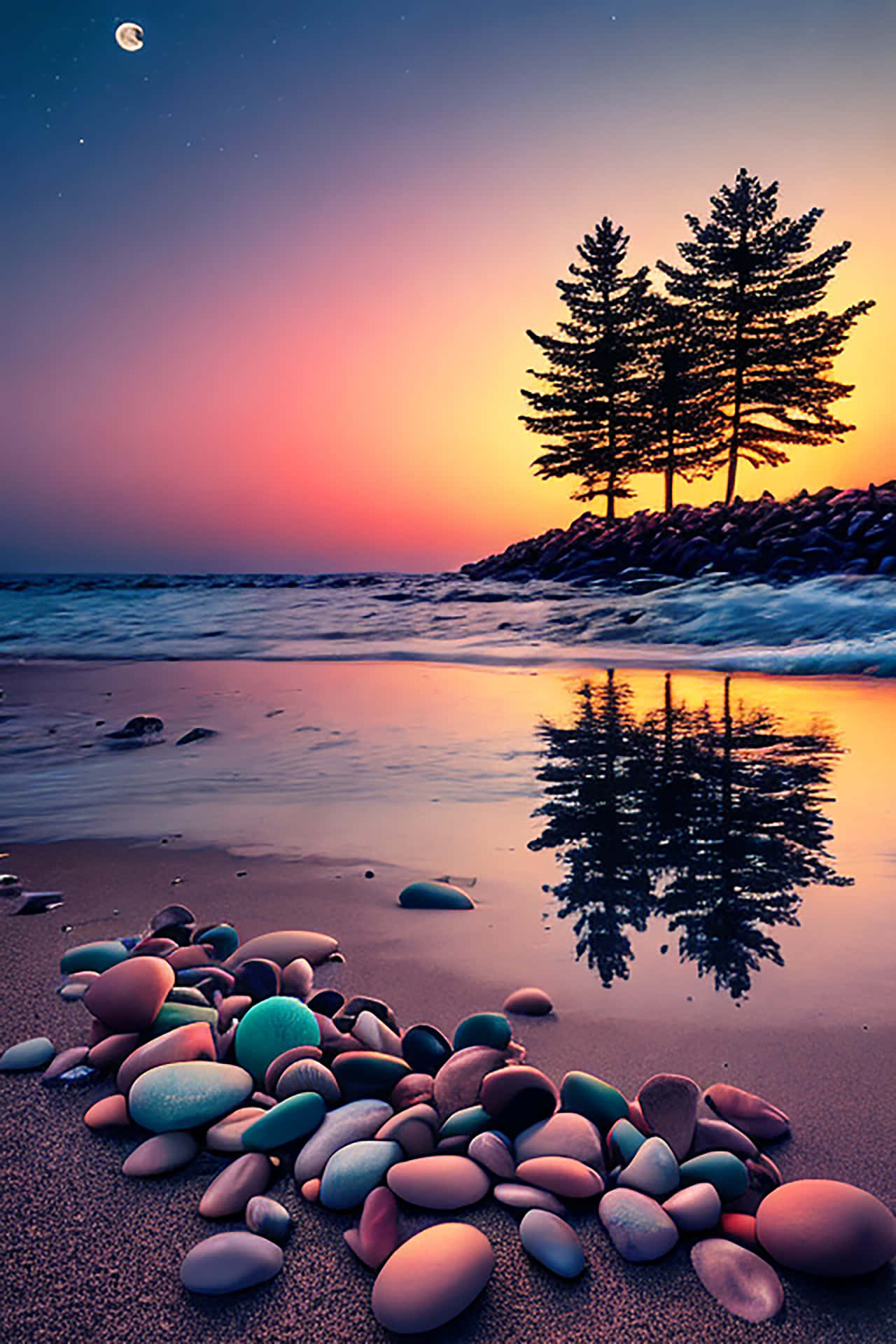 A peaceful coastal night scene, accompanied by crystals shimmering in the moonlight. 壁紙 — 寧靜的黃昏海灘，前景有色彩繽紛的光滑石頭，三棵松樹在帶有月亮和星星的漸變天空下形成剪影。