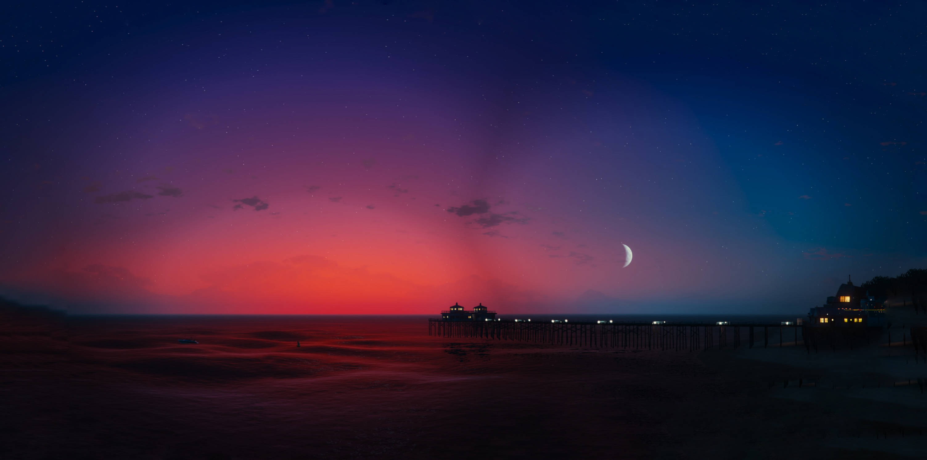 Gta 桌布 壁紙 — 寧靜的黃昏海灘場景，充滿活力的粉紅色和紫色天空，一彎新月，以及延伸入海的燈光碼頭。