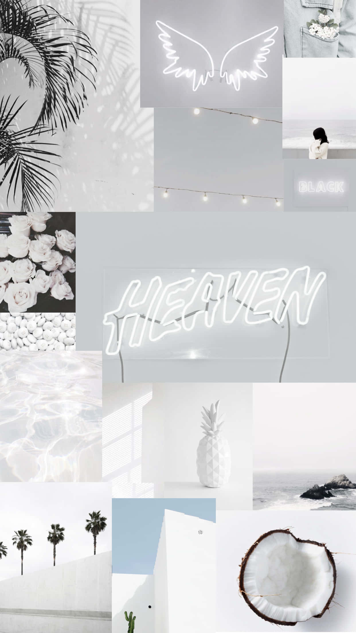 White Aesthetic Collage 桌布 壁紙 — 寧靜的黑白拼貼畫，以霓虹翅膀和「HEAVEN」標誌、棕櫚葉、白玫瑰、椰子和海岸景觀為特色。