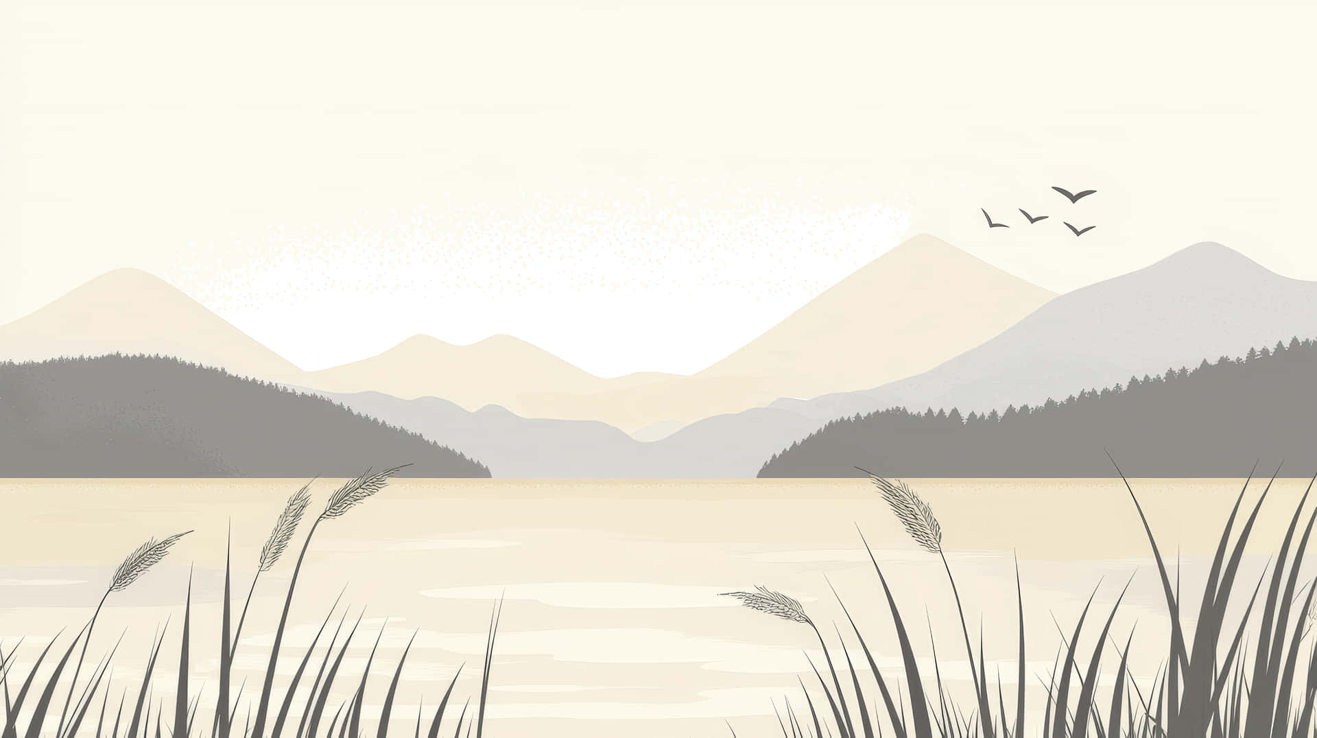 A tranquil minimalist illustration of a peaceful lake surrounded by mountains, with birds flying 壁紙 — 寧靜簡約風景，層疊山巒、湖泊和蘆葦，柔和天空下飛鳥翱翔。
