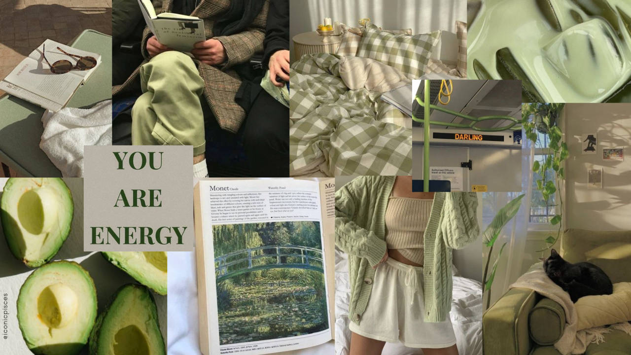 綠色美學 桌布 壁紙 — 寧靜綠色主題的拼貼畫：酪梨片、莫內的睡蓮、閱讀的人、打盹的貓和舒適的室內環境。