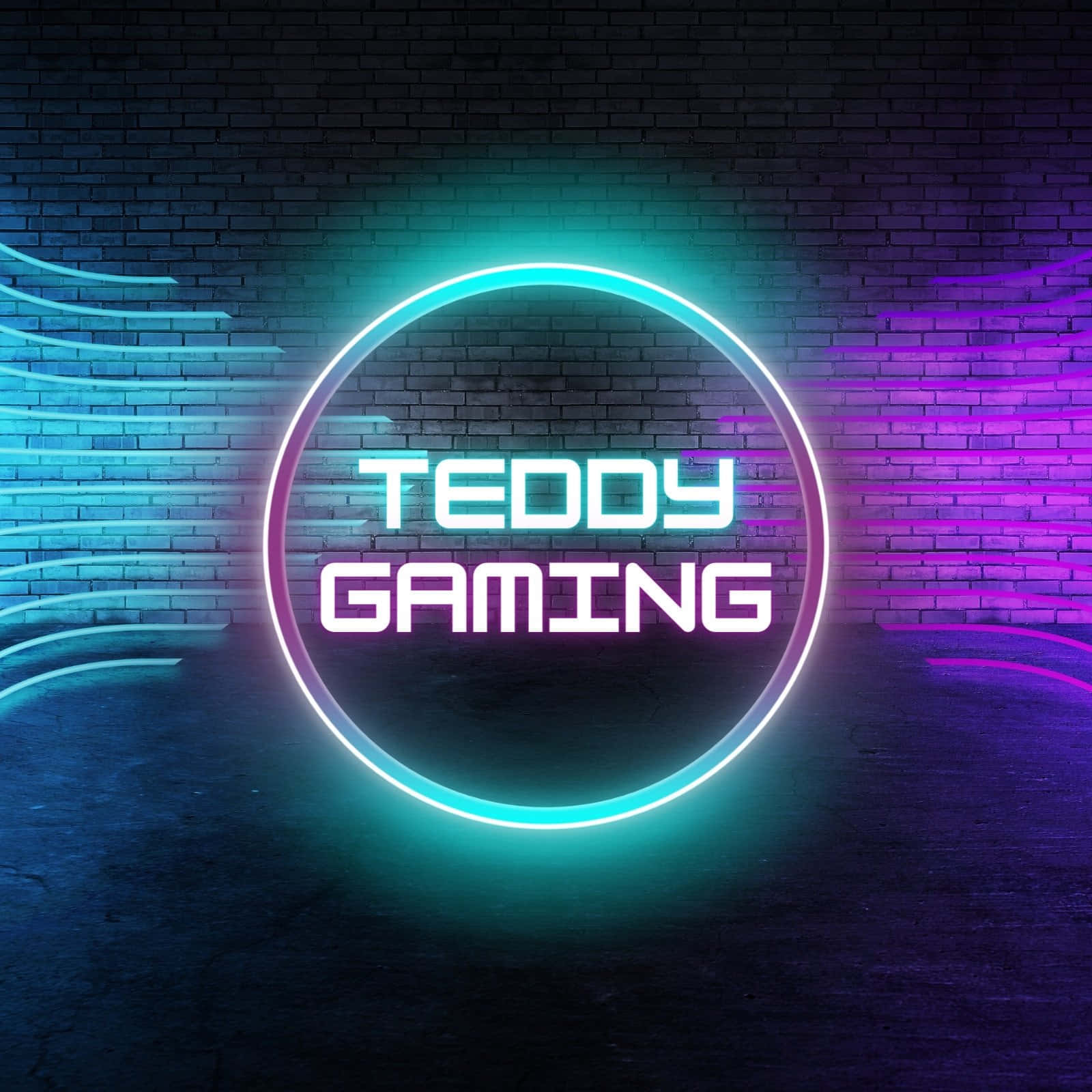 桌布 壁紙 — 寫有「TEDDY GAMING」的鮮豔霓虹燈牌在深色磚牆上以圓形發光，帶有藍色和紫色光條。