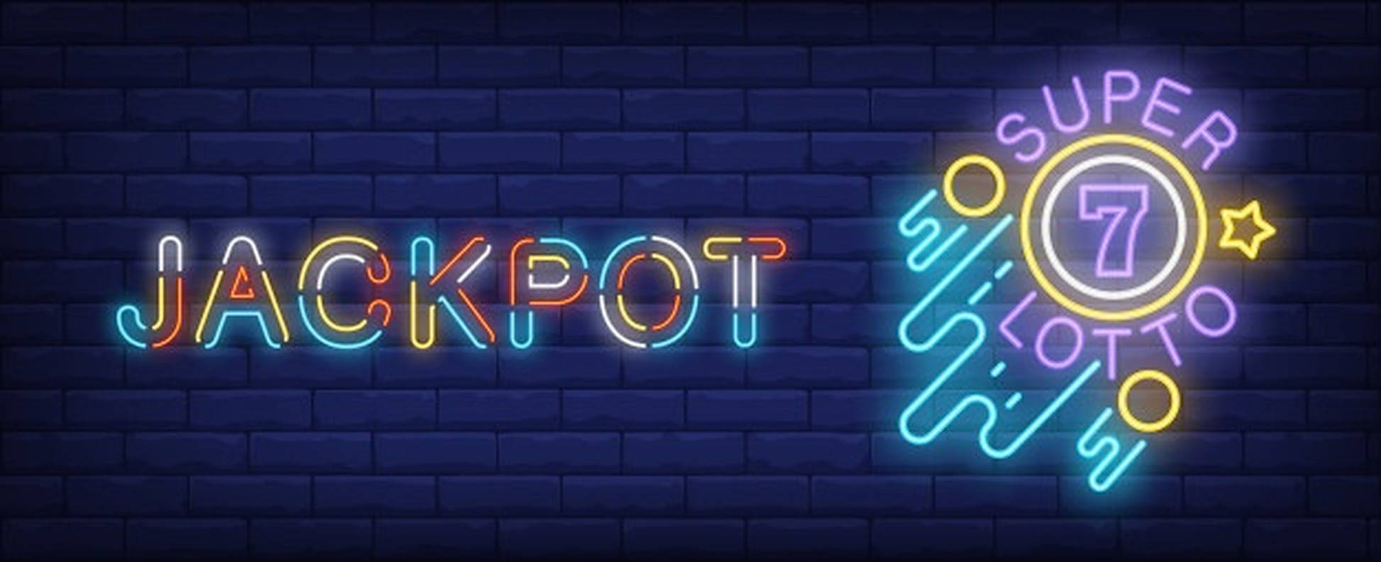 Lottery 桌布 壁紙 — 寫著 jackpot 和 super 7 lotto 的鮮豔霓虹招牌在深色磚牆上發光。