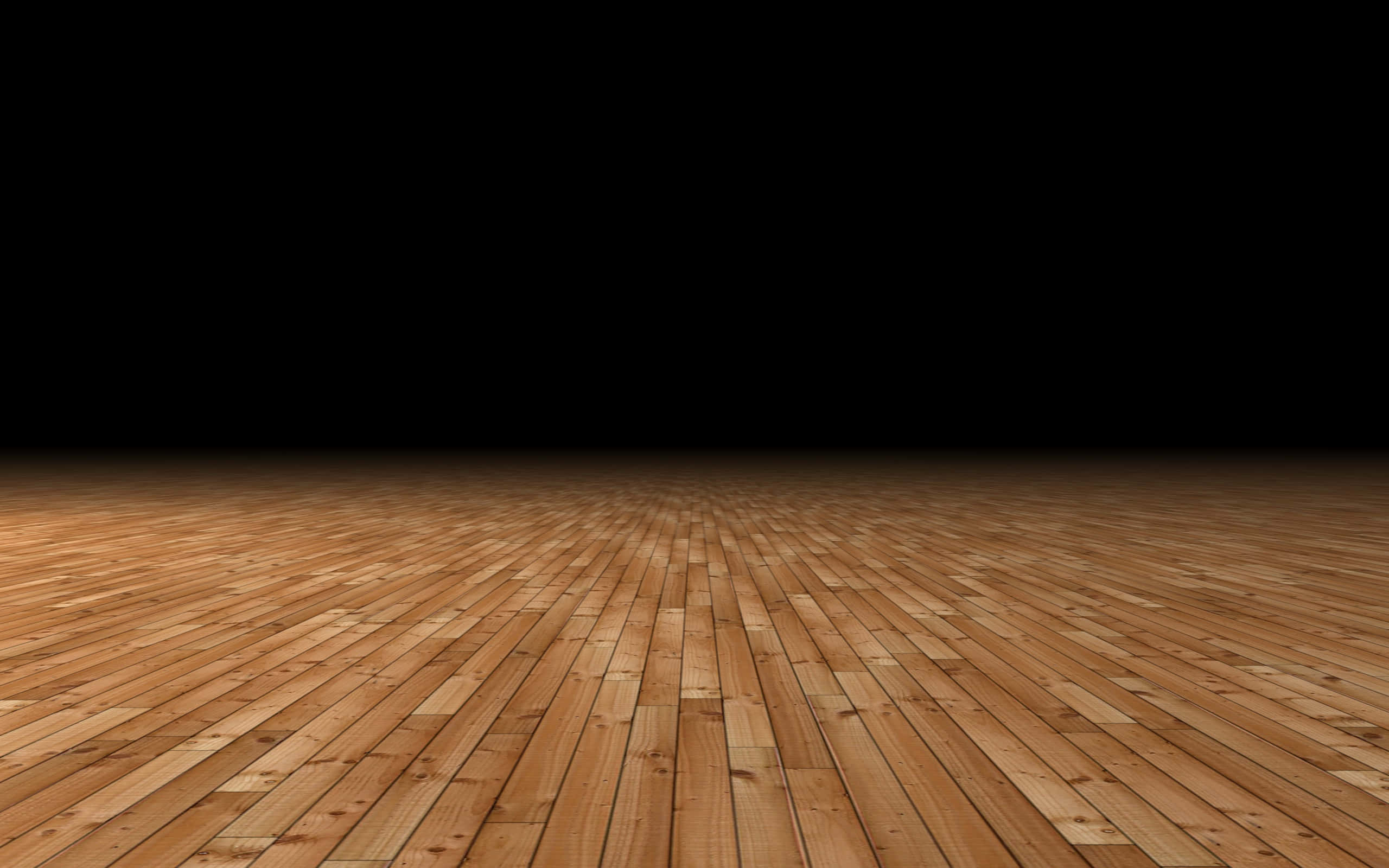 Basketball Court 桌布 壁紙 — 寬闊的木地板帶有溫暖色調，延伸向深邃的黑色虛空，營造出極簡而戲劇性的視角。