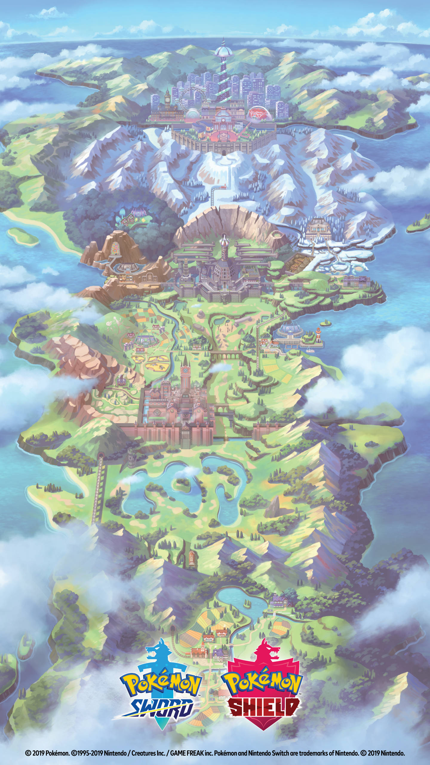shield 桌布 壁紙 — 《寶可夢 劍／盾》遊戲世界地圖的鳥瞰圖，包含城市、山脈、湖泊和雲朵。