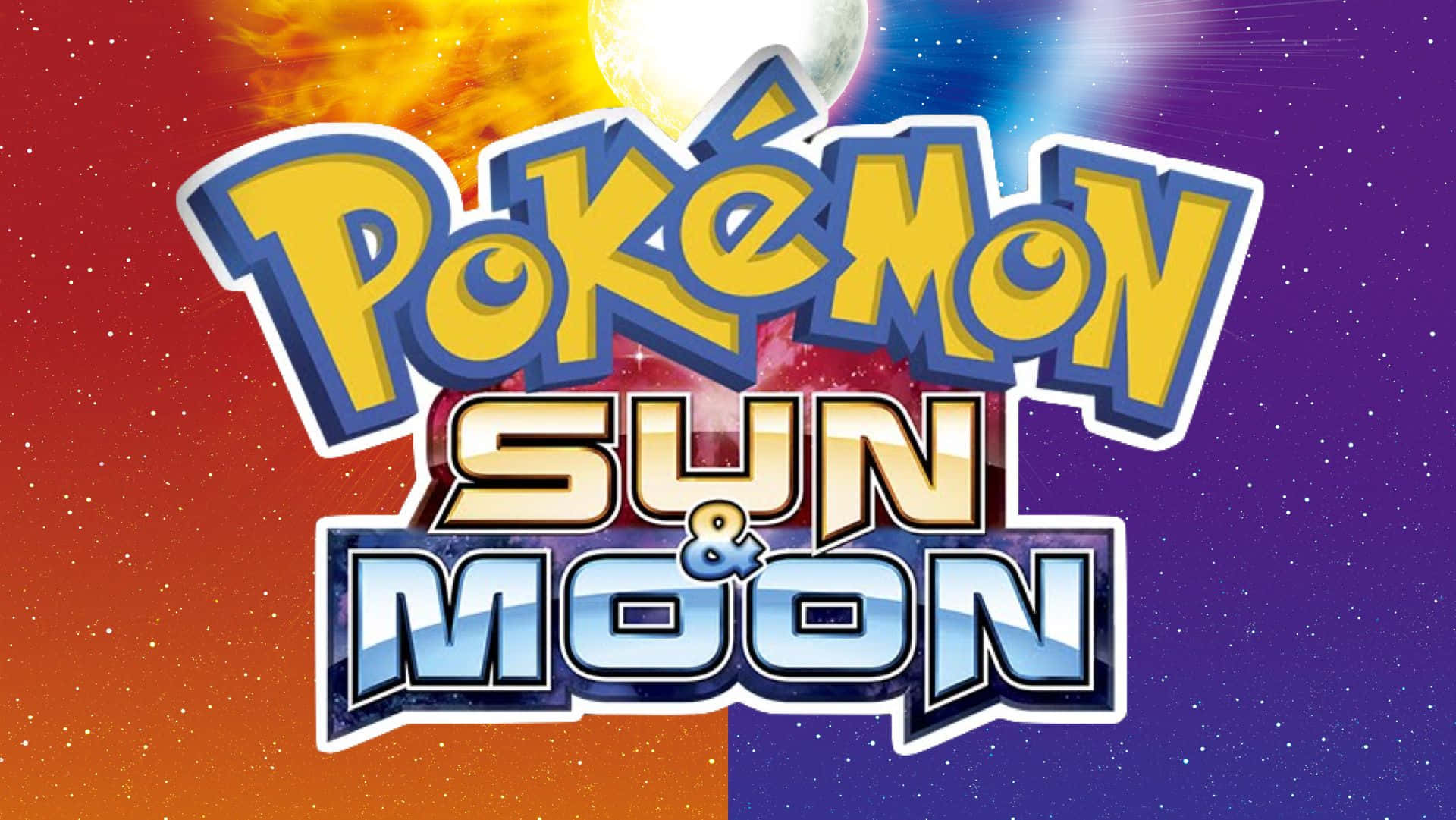 寶可夢 桌布 壁紙 — 寶可夢 太陽＆月亮 標誌在由熾熱太陽和星空月亮分割的宇宙背景中發光。