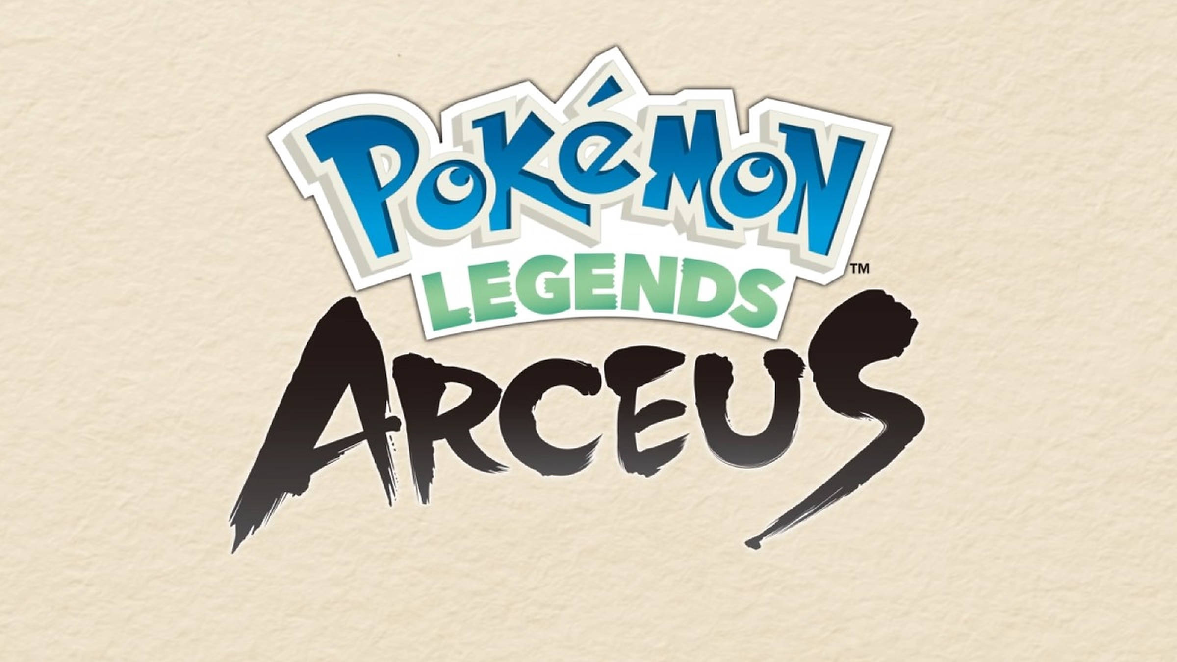 Legends 桌布 壁紙 — 《寶可夢傳說 阿爾宙斯》標誌以粗體藍色和綠色文字搭配黑色筆觸風格，印在帶有紋理的米色紙上。