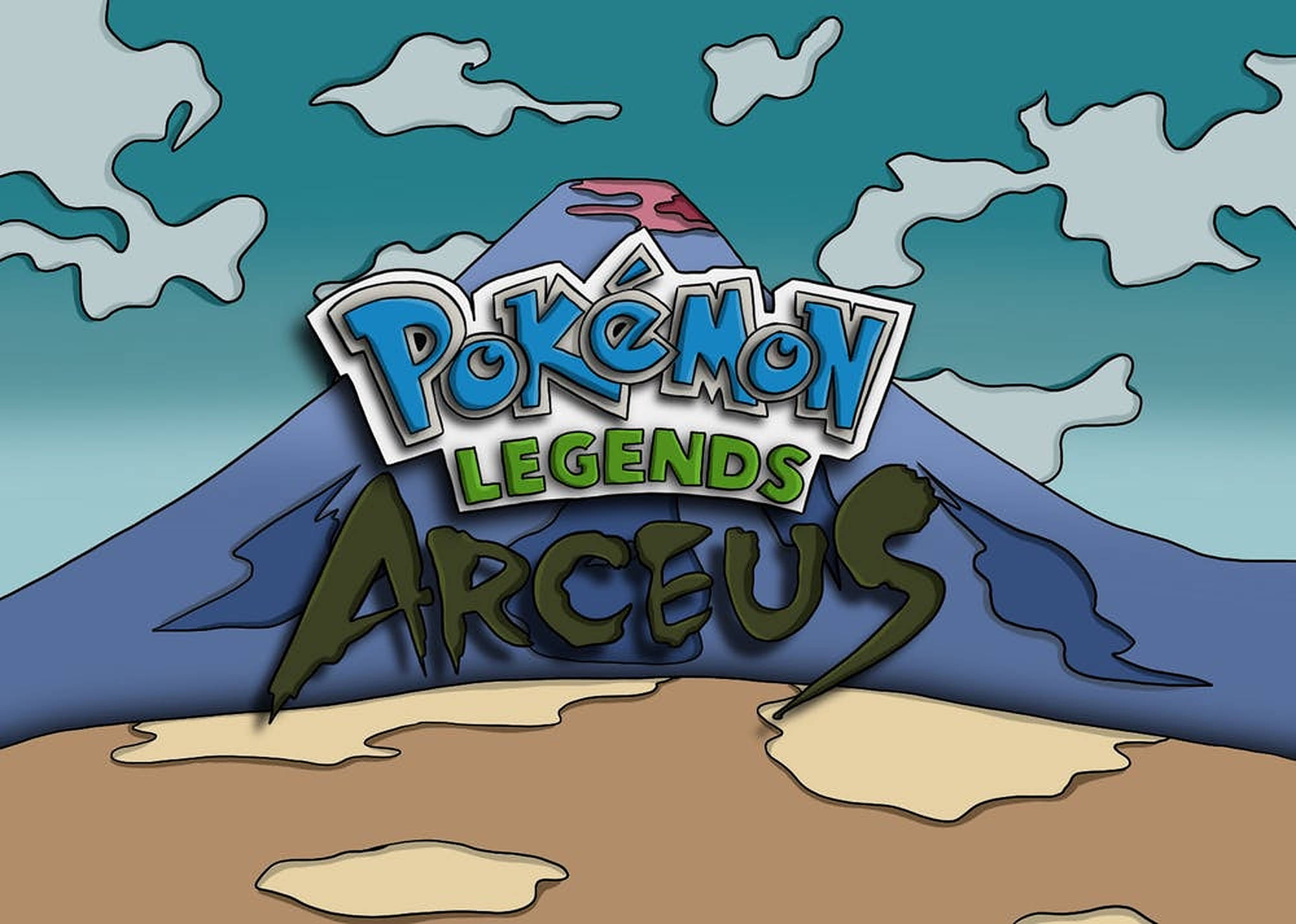 Legends 桌布 壁紙 — 《寶可夢傳說 阿爾宙斯》標誌大膽地矗立在一個風格化的山頂上，天空是藍綠色，有蓬鬆的雲朵。