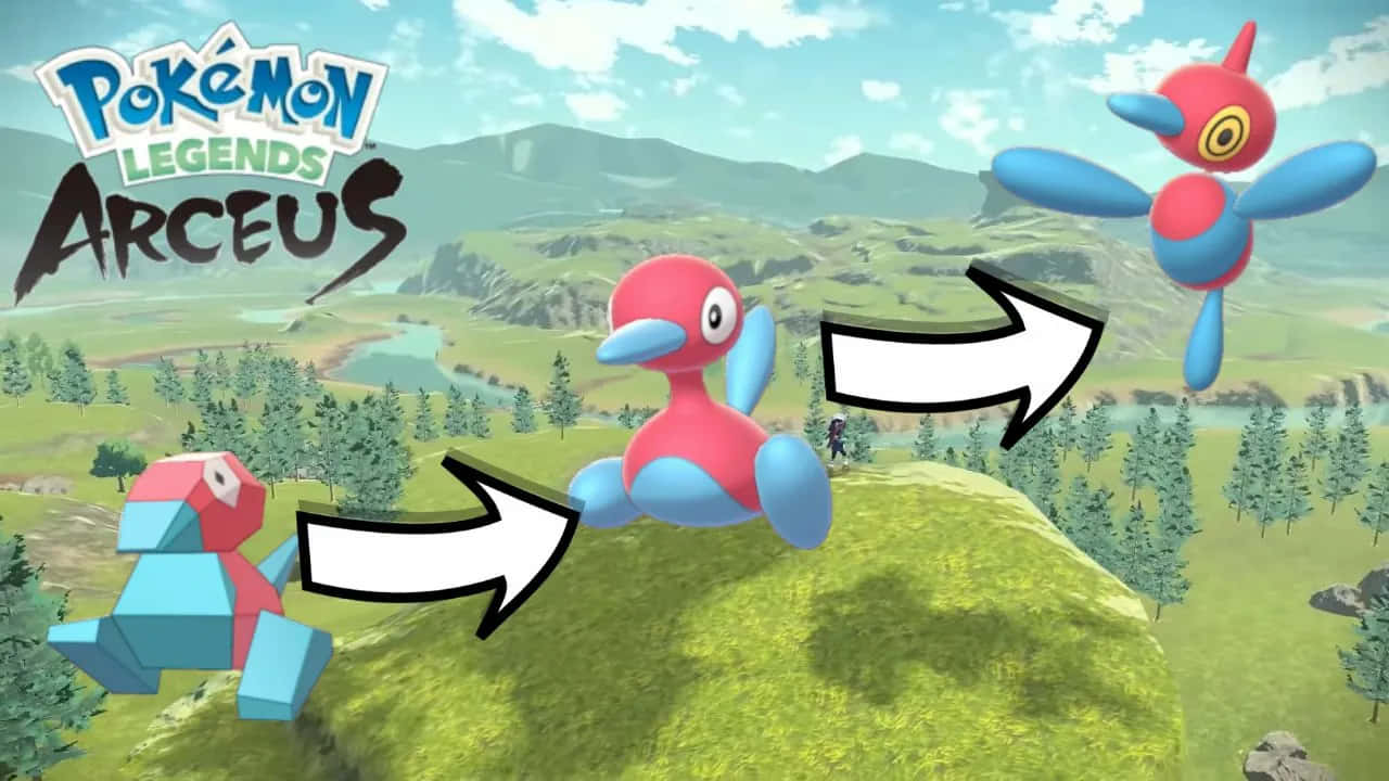 Porygon2 桌布 壁紙 — 《寶可夢傳說 阿爾宙斯》遊戲場景，顯示三隻寶可夢在長滿青草的山丘上進化，背景有山脈和樹木。