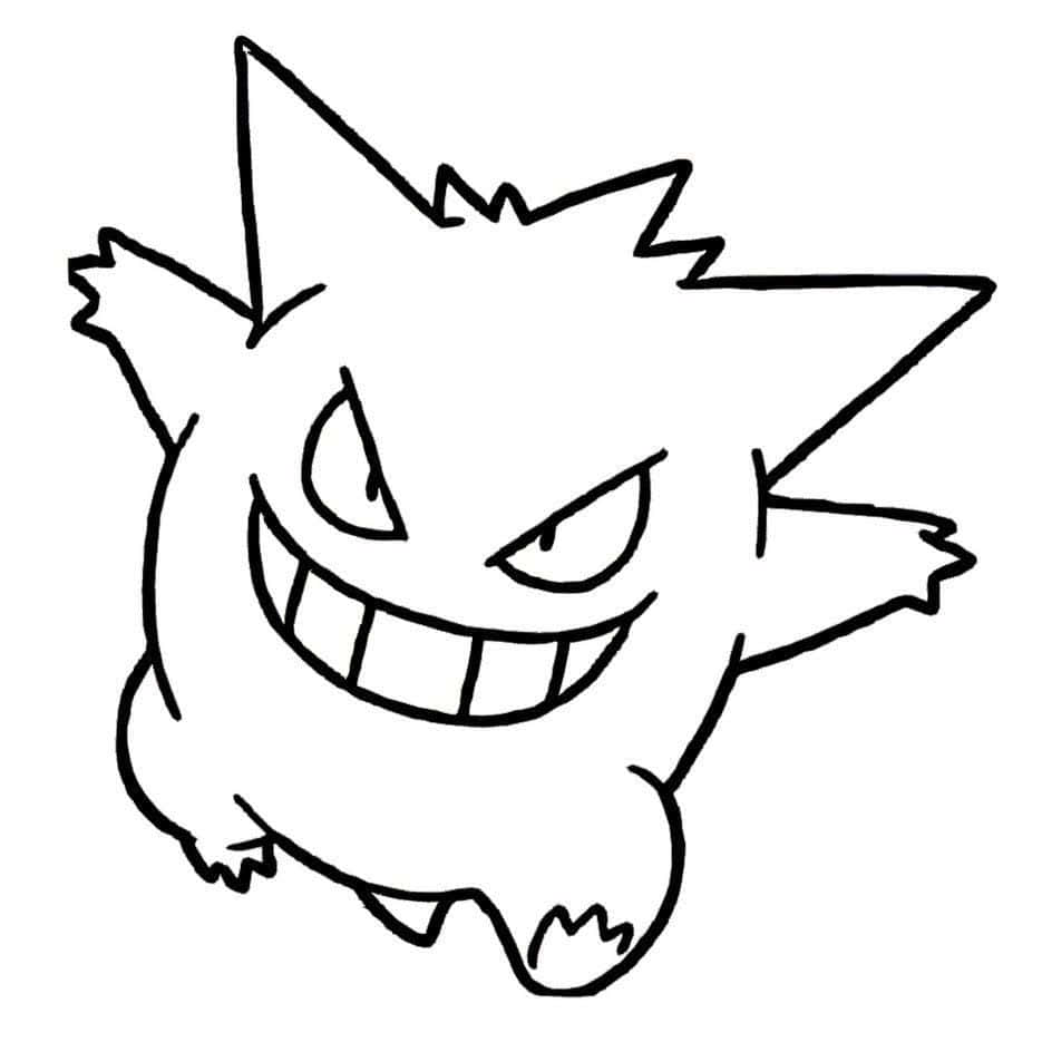 Pokemon Coloring 桌布 壁紙 — 寶可夢耿鬼的粗黑輪廓，有著尖銳的刺狀頭髮和露齒大笑，背景為純白色。