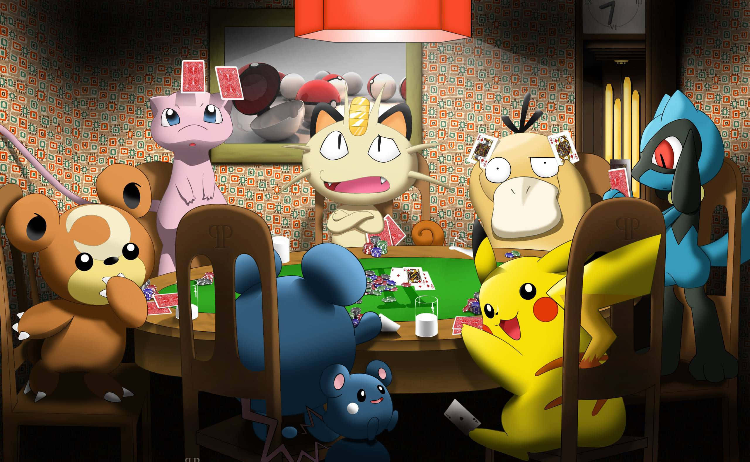 Pokemon Funny 桌布 壁紙 — 寶可夢角色聚集在一個溫暖照明、有圖案的房間裡，圍著撲克桌，桌上放著紙牌和籌碼。