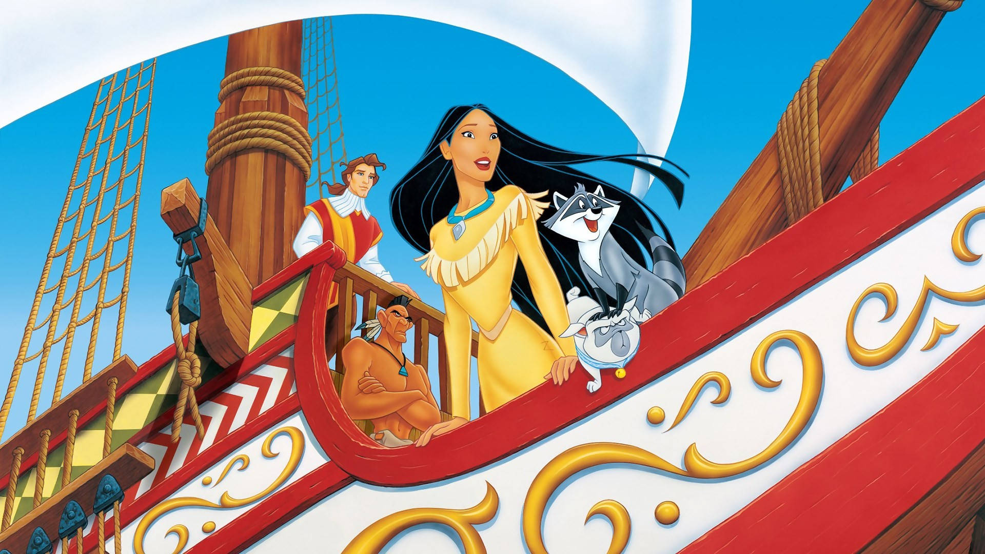 Pocahontas 桌布 壁紙 — 寶嘉康蒂站在一艘色彩繽紛的船欄杆上，與她的同伴們在明亮的藍天下。