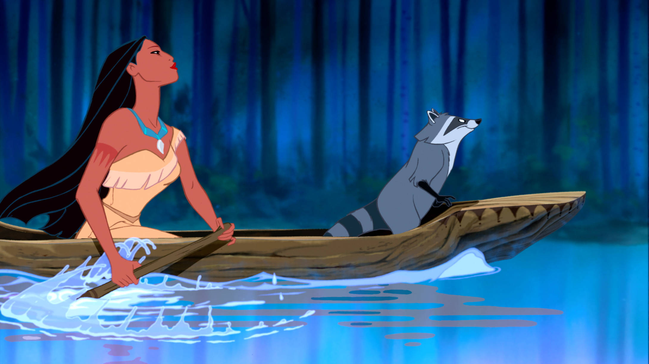 Pocahontas 桌布 壁紙 — 寶嘉康蒂與浣熊米糕在黃昏時分划獨木舟穿過寧靜的藍色森林河流。