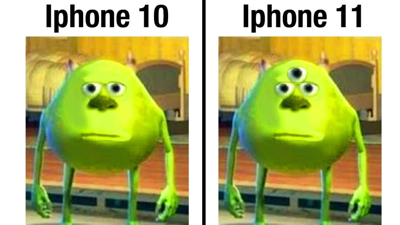 Memes 桌布 壁紙 — 將《怪獸電力公司》的麥克華斯基並排顯示在 iPhone 10 和 iPhone 11 螢幕上進行比較。