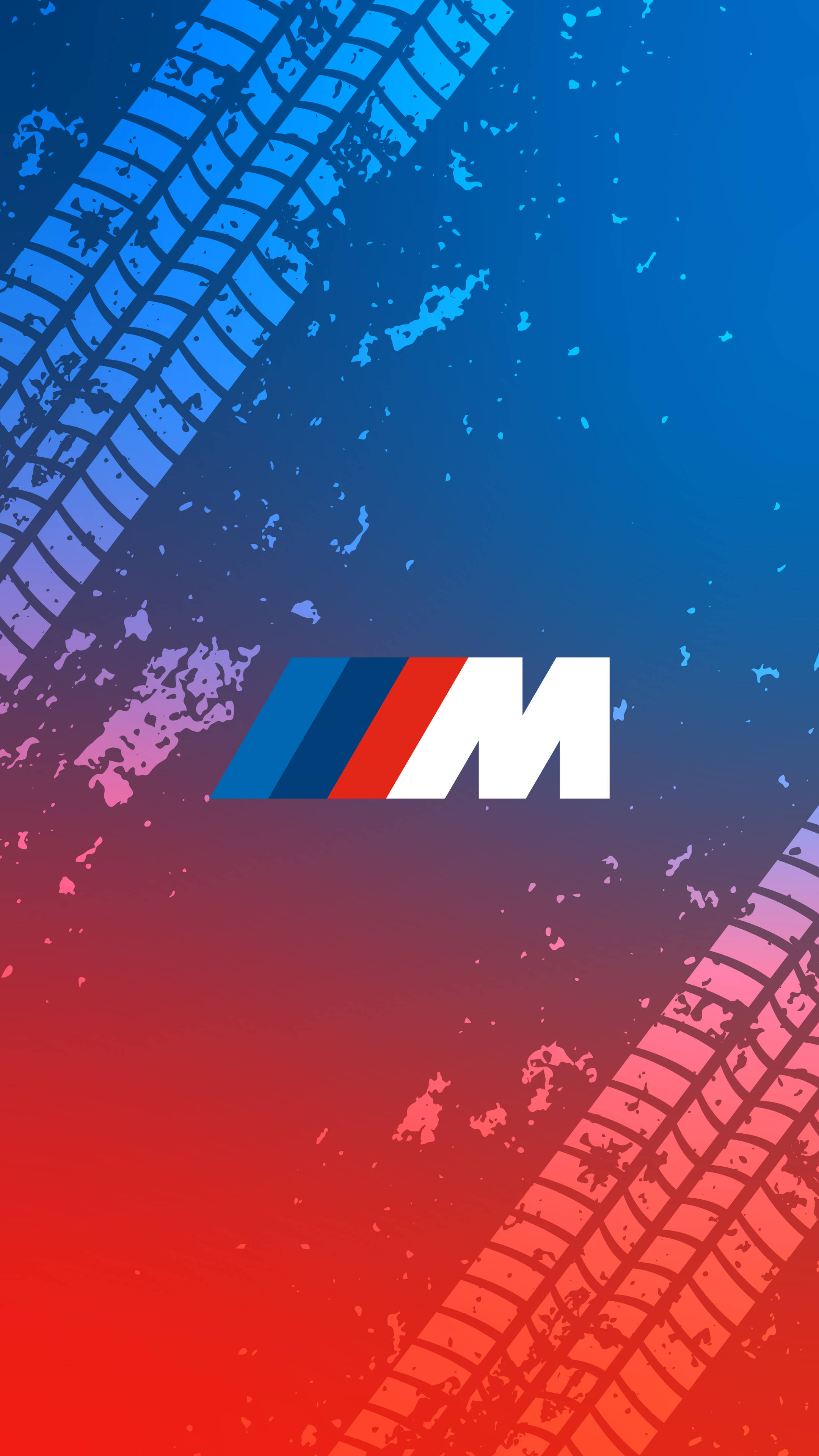 BMW 動圖 桌布 壁紙 — 將醒目的BMW M標誌置於動態漸變背景中央，並帶有輪胎痕跡和潑濺效果。