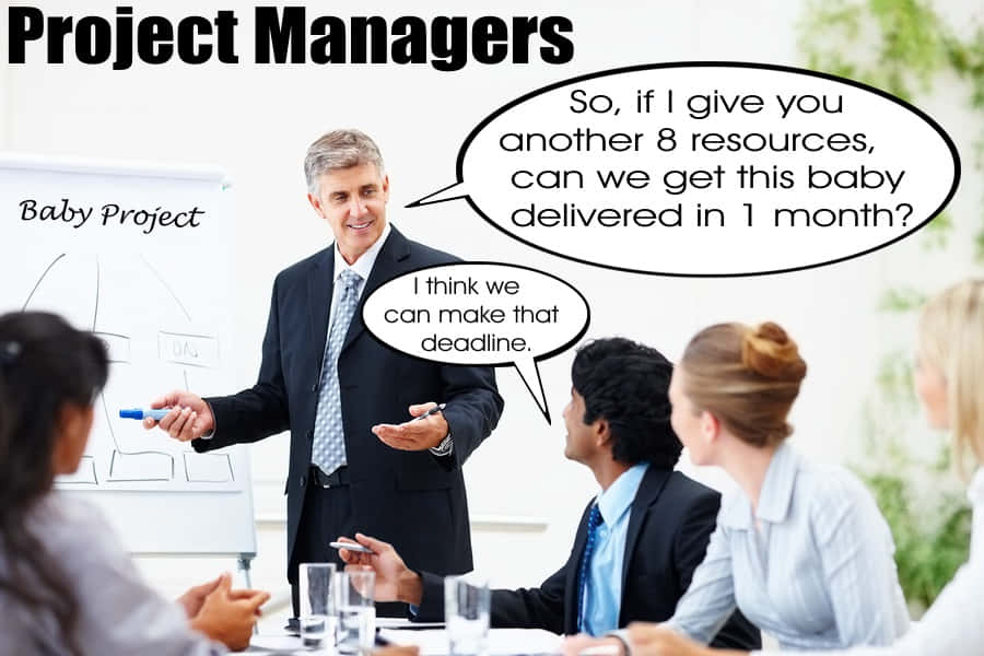 Time Management Memes 桌布 壁紙 — 專案經理幽默地問團隊，增加8個資源能否在一個月內交付「嬰兒專案」。