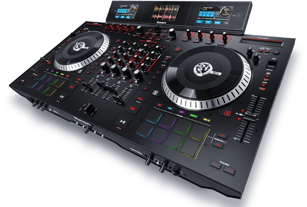 DJ 桌布 壁紙 — 專業DJ控制器，帶有發光RGB打擊墊和雙唱盤，背景為純黑色。