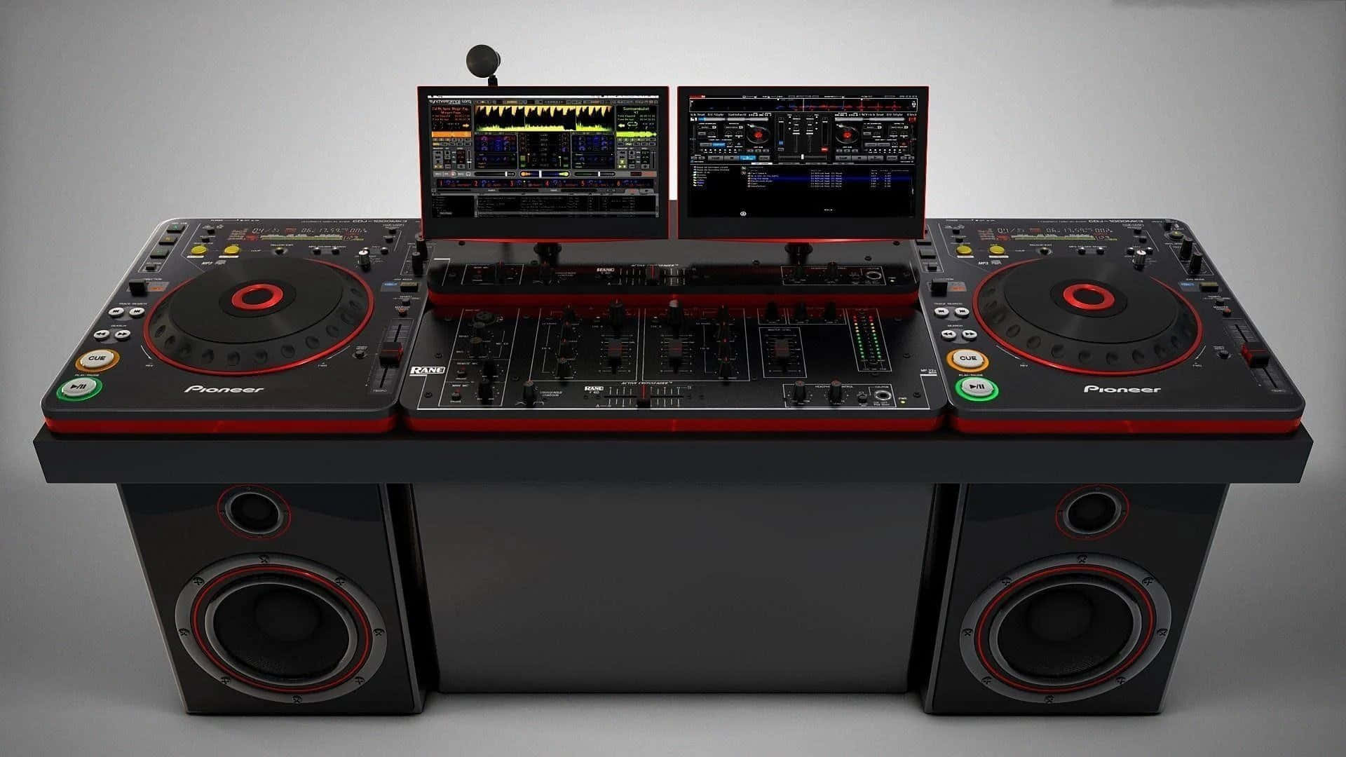音樂 桌布 壁紙 — 專業DJ設備，配備兩台Pioneer唱盤、兩個顯示器和揚聲器，放置在時尚的黑色桌子上，背景為中性灰色。