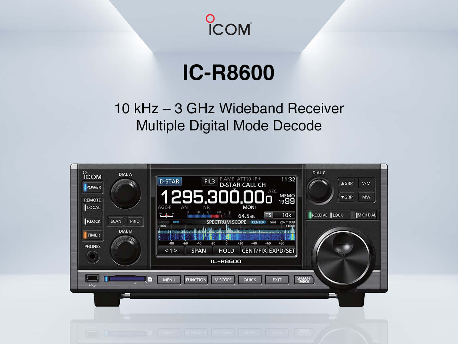 黑色 桌布 壁紙 — 專業ICOM IC-R8600寬頻接收器，配備數位顯示螢幕和控制按鈕，在乾淨的白色背景上展示。