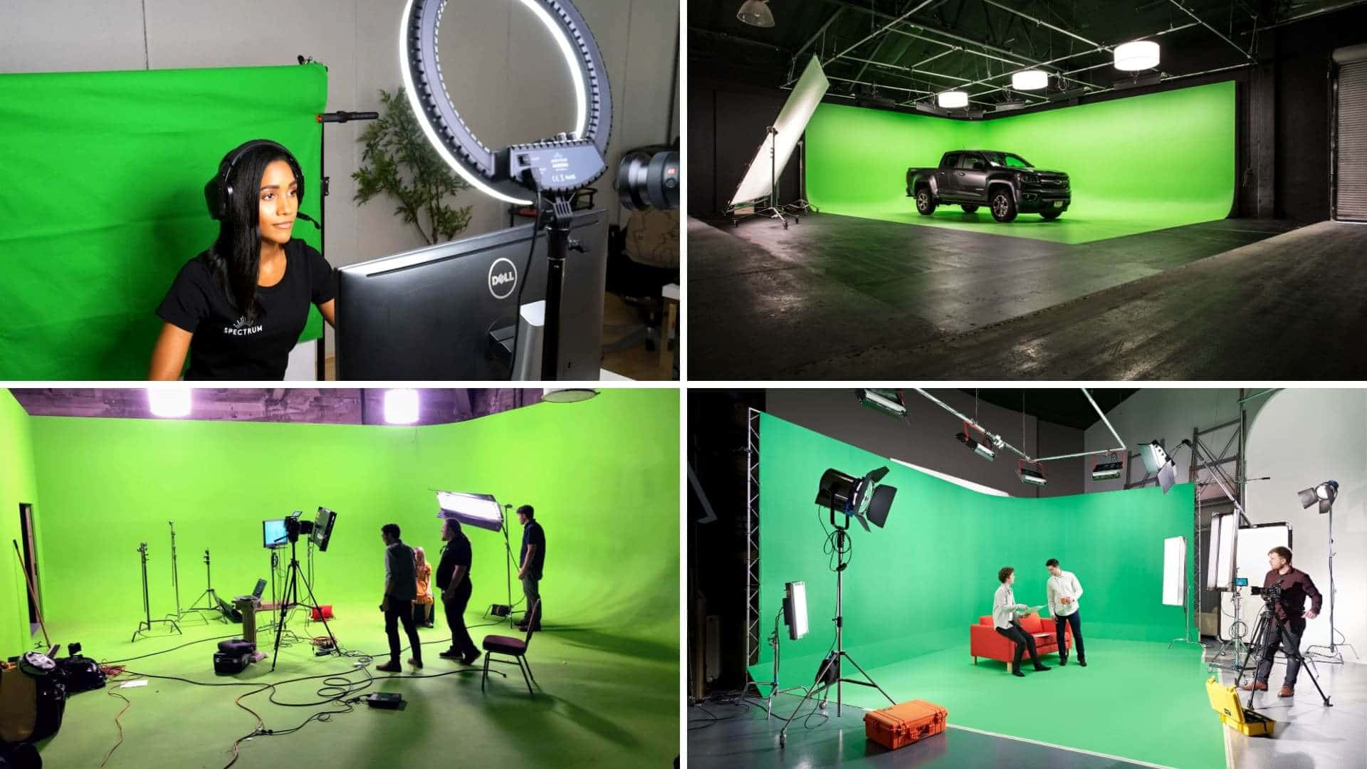 lighting 桌布 壁紙 — 專業工作室內的四個場景，設有綠幕和工作人員拍攝一輛皮卡車和演員。