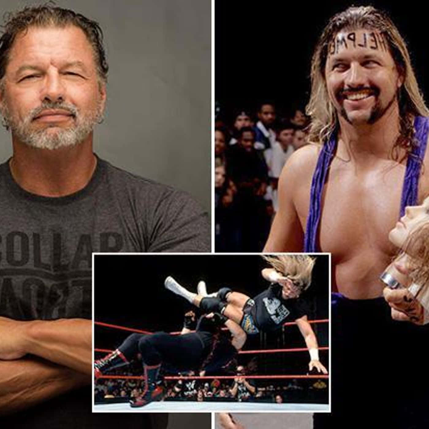 Al Snow 桌布 壁紙 — 專業摔角手的動作和肖像照拼貼，展現激烈表情和動態擂台動作。