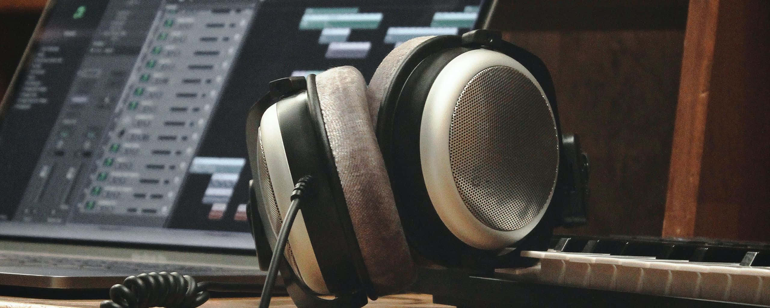 桌布 壁紙 — 專業錄音室耳機放在鋼琴鍵盤上，旁邊是一部顯示音頻編輯軟體的筆記型電腦。